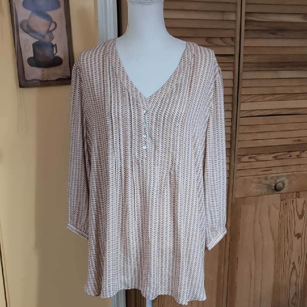 Rose & Olive Beige and Light Coral Pink Pattern Blouse 2X